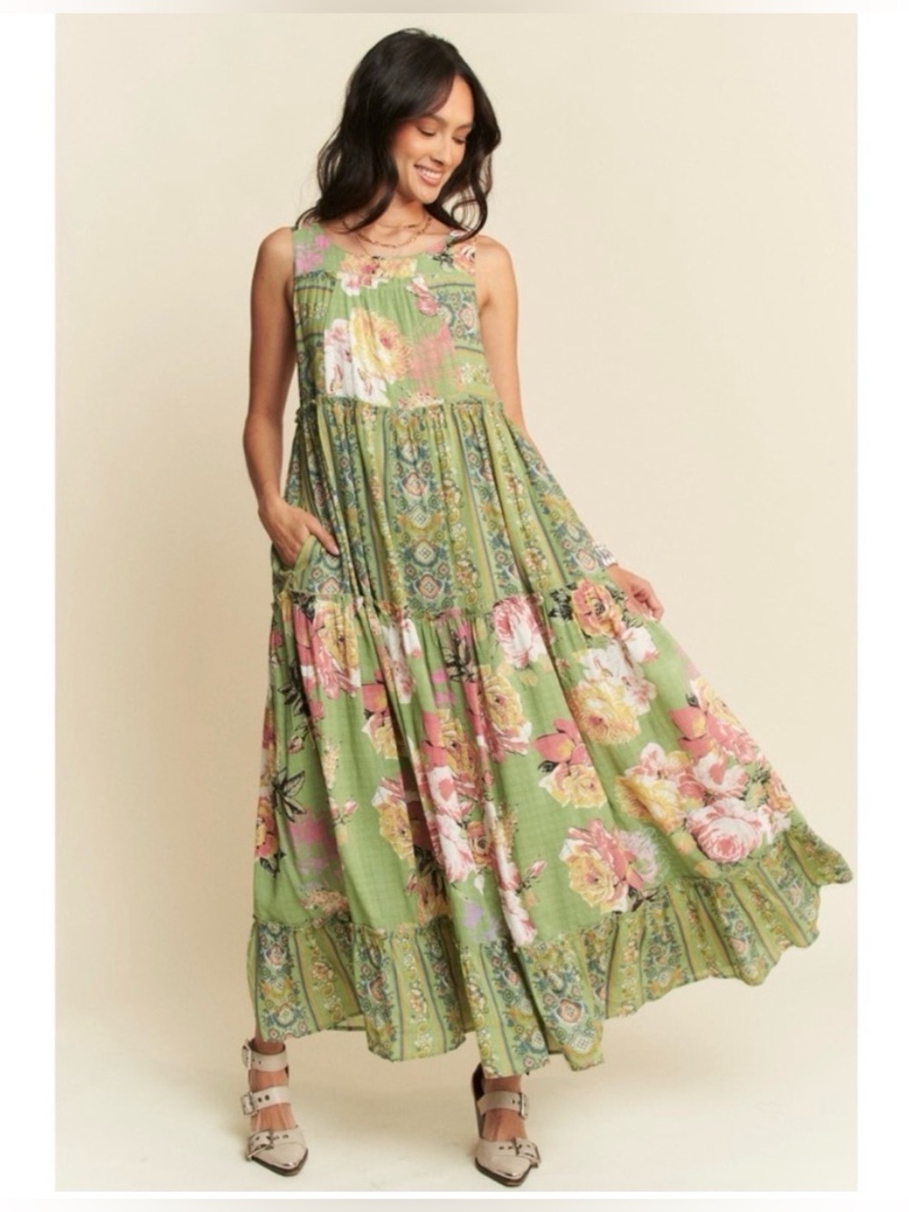 DAVI & DANI Boho Green Pink Tiered Maxi Floral Sundress - BNWT- Size M